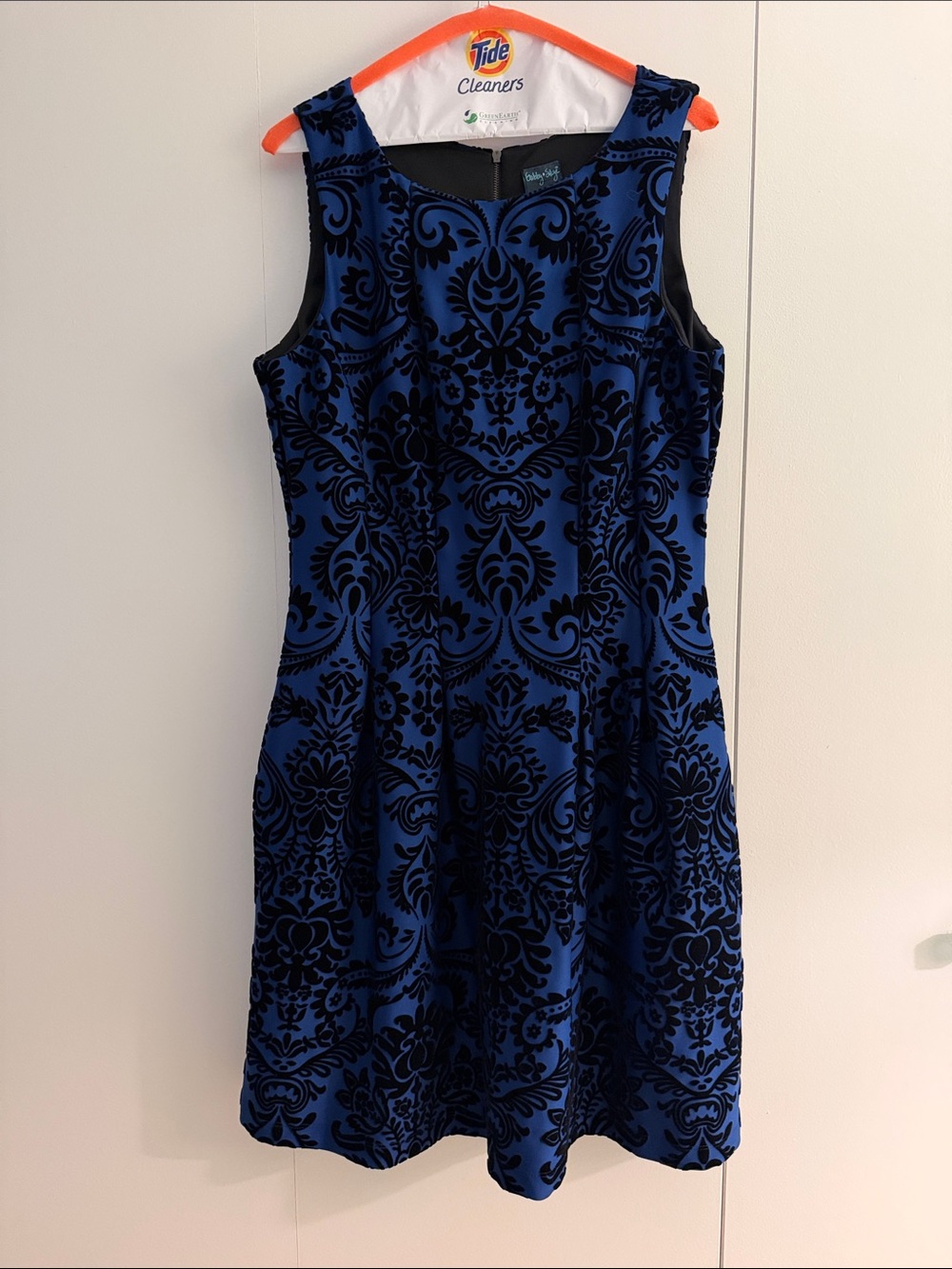 Gabby Skye Blue and Black Flocked Fit-and-Flare Dress with pockets